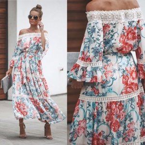 VICI Champagne & Strawberry Floral Off the Shoulder Maxi Dress - Medium